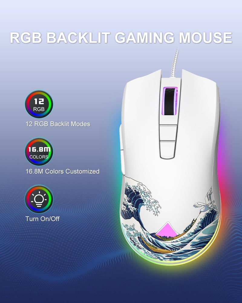 COSTOM Womier G705 USB Wired Gaming Mouse for PC Computer Windows Mac Laptop, Lightweight Silent RGB Backlit Mouse with Adjustable 12000DPI/7 Programmable Side Buttons,White Kanagawa Theme - Image 1